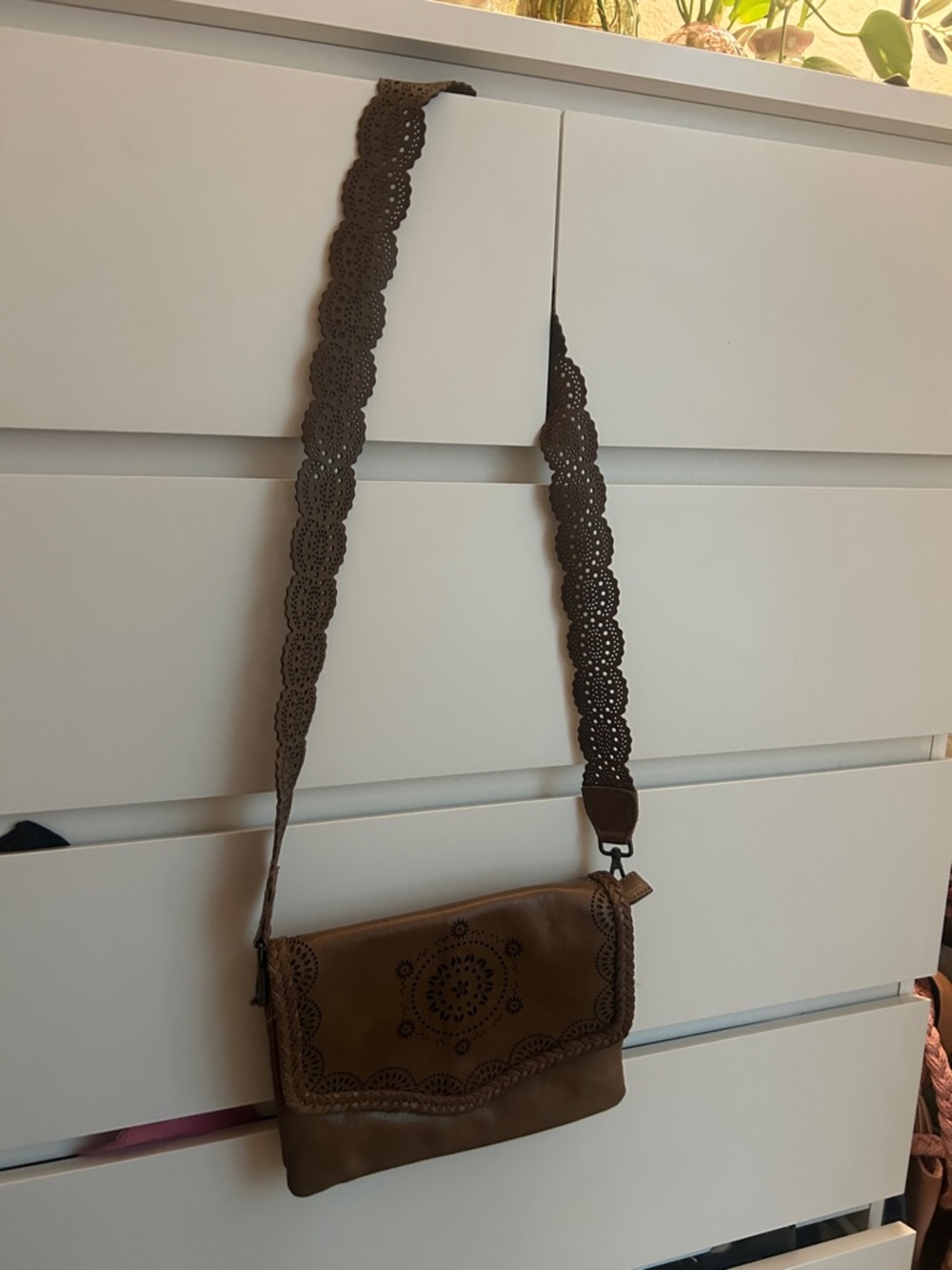 Brown Laser-Cut Leather Crossbody Bag